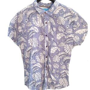 Tropical Floral Blue Mens buttondown short sleeve shirt L